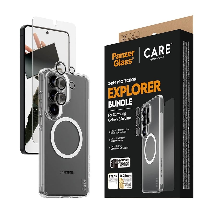 بانزر جلاس CARE بكج 3في1 حماية سامسونج اس 26 بأنواعه - شفاف / EXPLORER