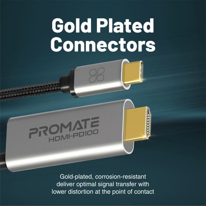 كيبل USB-C إلى HDMI بدقة 4K@60 هرتز من CrystalClarity • توصيل طاقة USB-C بقدرة 100 واط • متوافق مع ThunderBolt 3 • طول 1.8 متر - HDMI-PD100 - Promate - رمادي