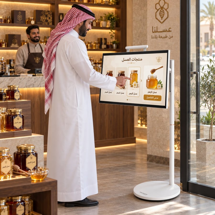 بروميت شاشة ذكية محمولة 32 بوصة بنظام Android 15 مع شاشة لمس وعجلات لل