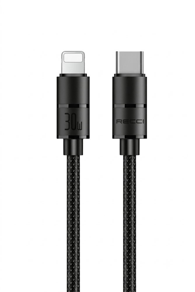 ريسي كابل شحن قماشي تايب سي الى لايتنينغ مع شحن سريع PD 30W وطول 1.2متر اسود - RS8CL
