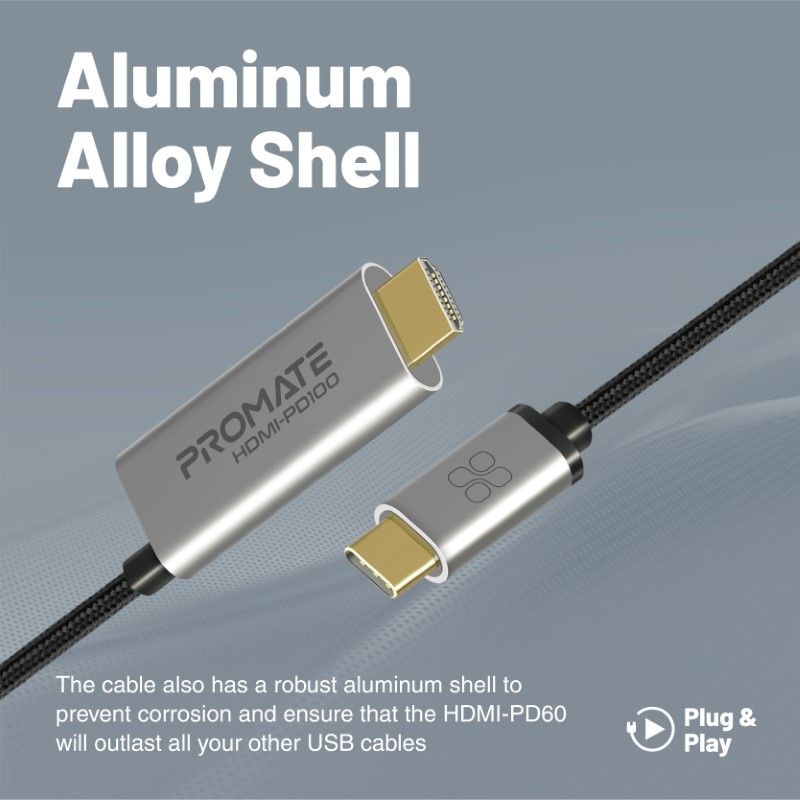 كيبل USB-C إلى HDMI بدقة 4K@60 هرتز من CrystalClarity • توصيل طاقة USB-C بقدرة 100 واط • متوافق مع ThunderBolt 3 • طول 1.8 متر - HDMI-PD100 - Promate - رمادي