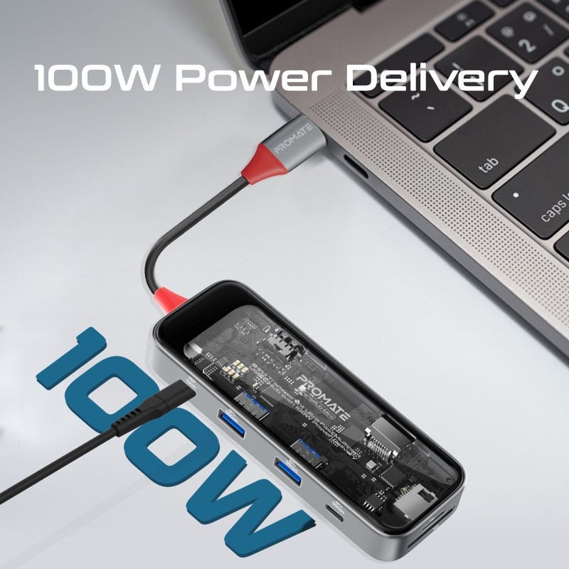 بروميت موزع بيانات USB-C شفاف 8 في 1 فائق السرعة وبقوة 100 واط TransHub-Mini