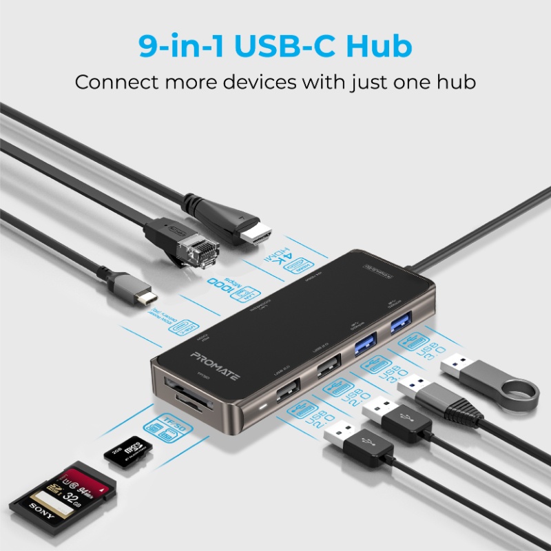 بروميت موزع USB-C متعدد المنافذ 9 في 1 مع منفذ HDMI بدقة 4K وقوة توصيل 100 واط - PrimeHub-Go