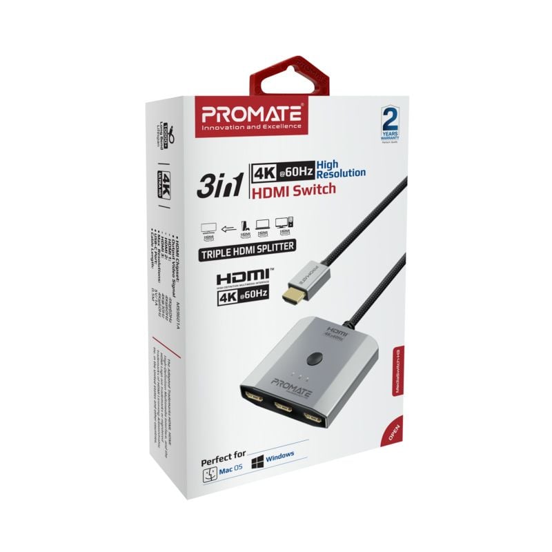 3 في 1 كيبل ومحول HDMI الى 3 منافذ HDMI نايلون مضفر - MediaSwitch-H3 - Promate - بروميت