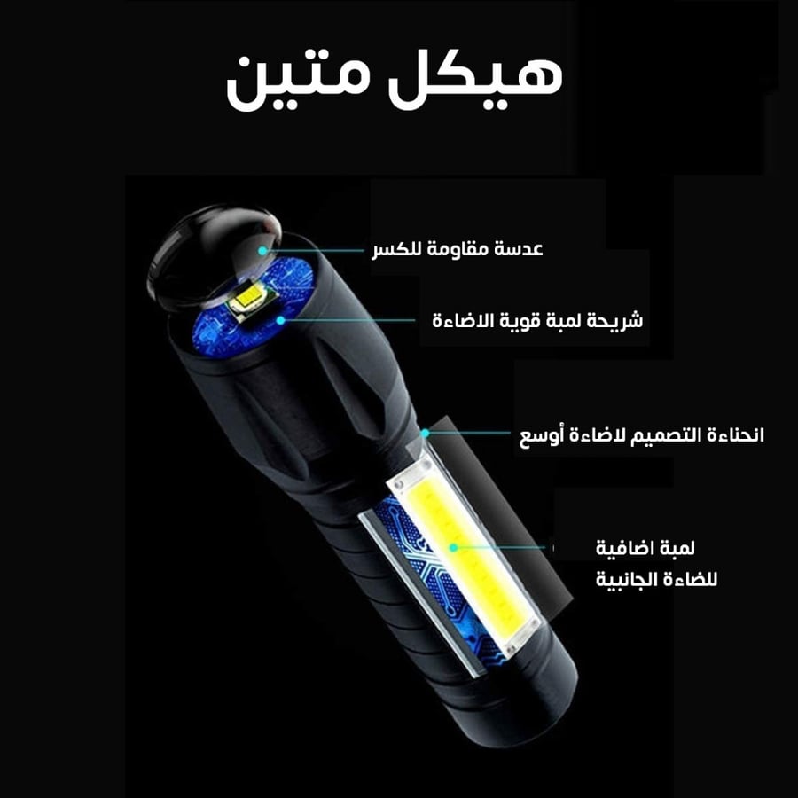 كشاف يدوي صغير قابل لإعادة الشحن م للماء مع لمبة جانبية COB ومقاوحجم م