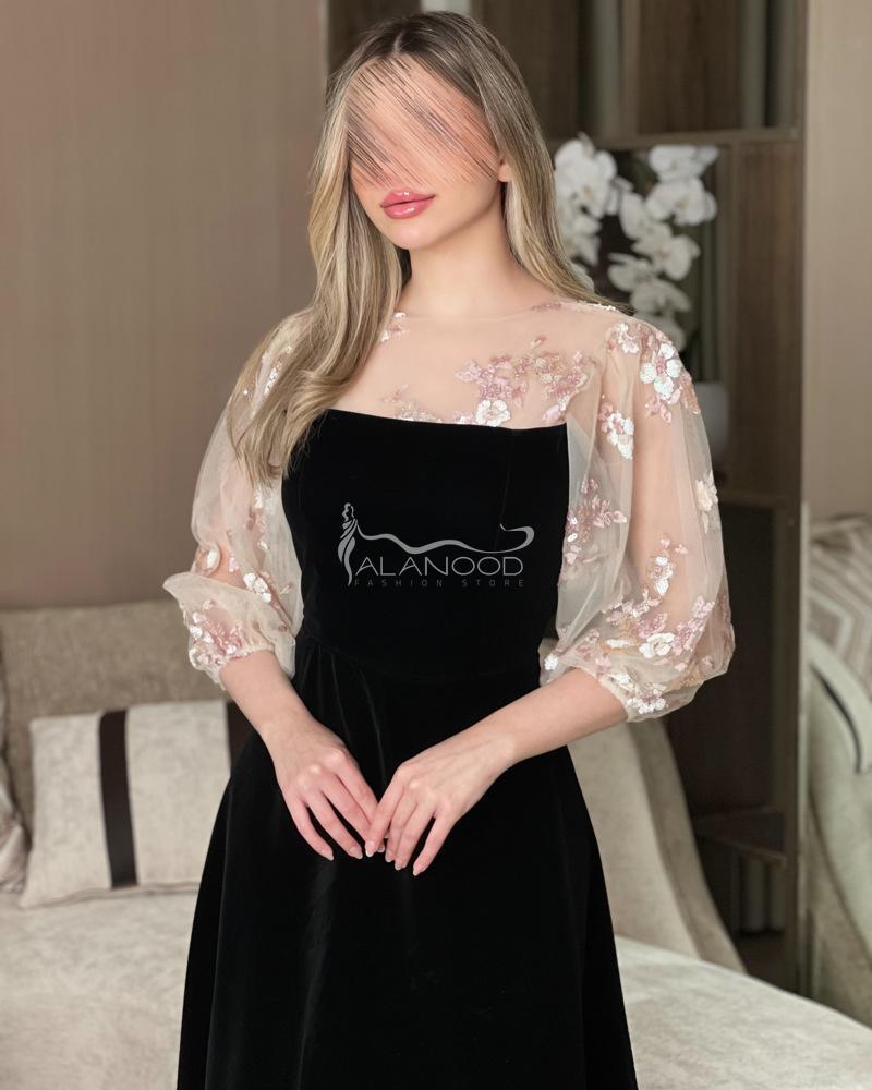 فستان ناعم اسود مميز باكمام بف
