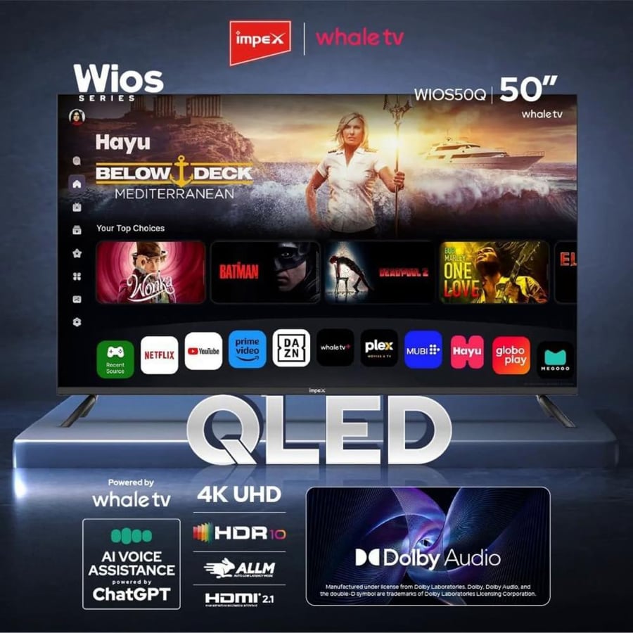 شاشة امبيكس QLED سمارت 50 بوصة 4K Whale OS 2 HDMI 8 جيجا أسود — WIOS50Q