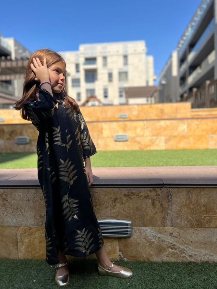 جلابية أطفال لنن حرير - بطبعات ذهبي