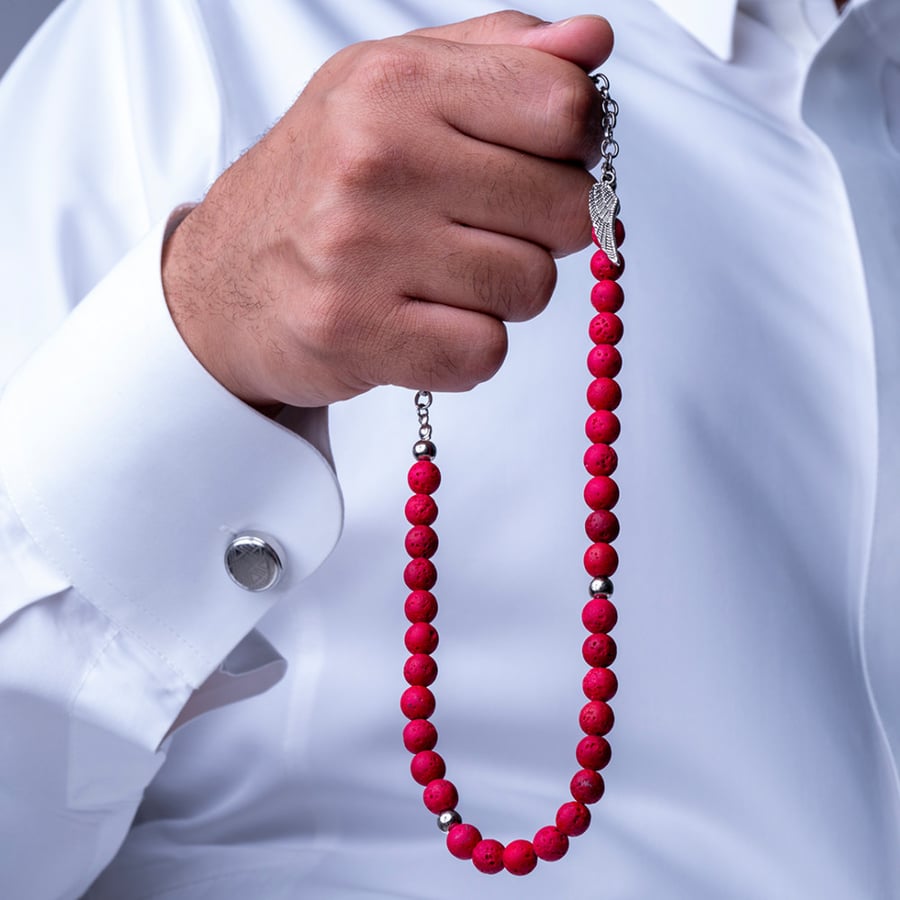 أسورة + سبحة حجر بركاني أحمر شكل جناح