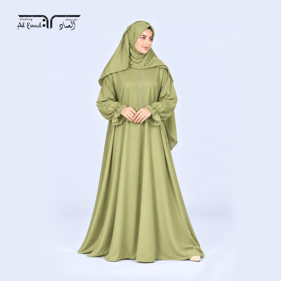 لباس صلاة نسائي باللون الاخضر الزيتوني مزين بالدانتيل - بسحاب مريح ودافئ