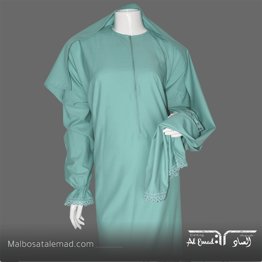 لباس صلاة نسائي باللون الاخضر البترولي الفاتح مزين بالدانتيل - بسحاب مريح و دافئ