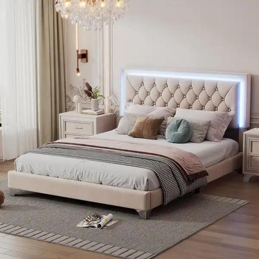 Modern velvet gray bedroom 200×200 cm with lighting