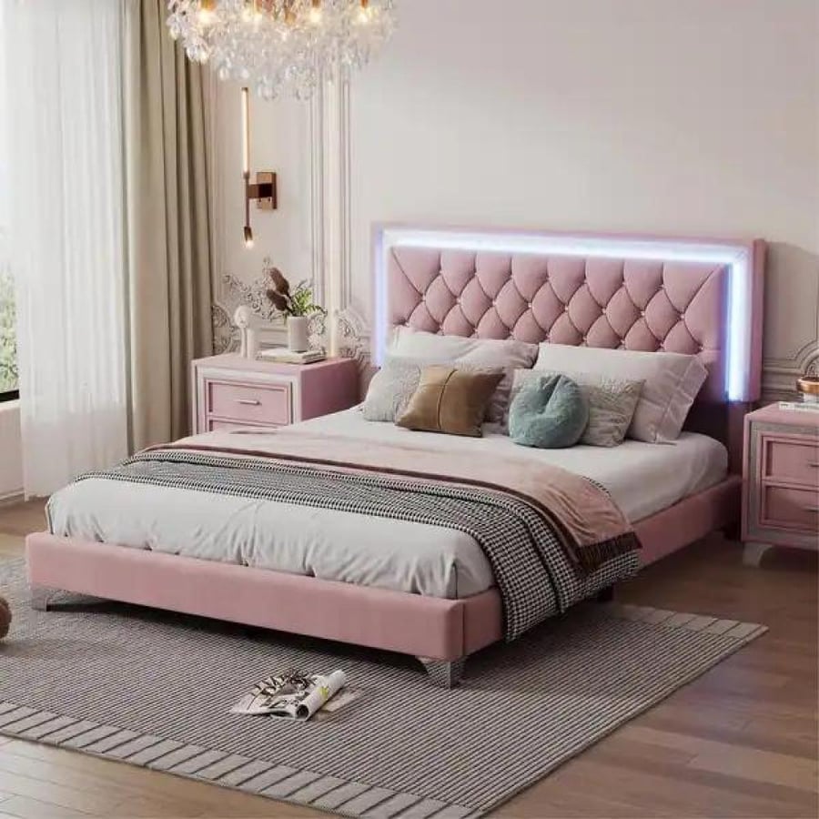 Modern velvet gray bedroom 200×200 cm with lighting