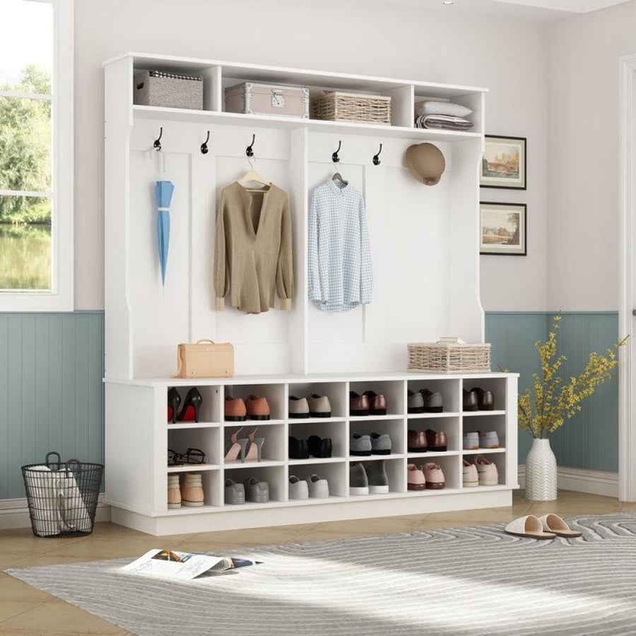 Clothing rack with a seat and storage spaces
