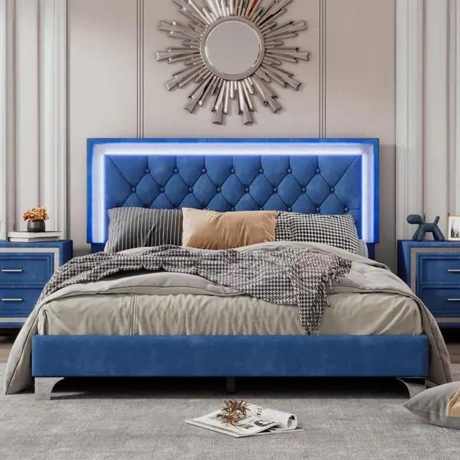 Modern velvet gray bedroom 200×200 cm with lighting