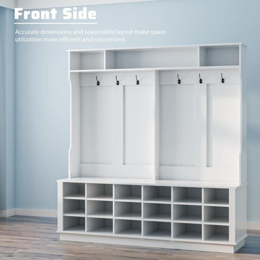 Clothing rack with a seat and storage spaces
