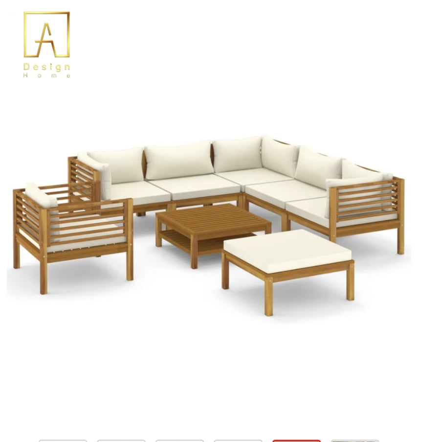 Outdoor sitting, beige wood and fabric, made to order, water-resistant