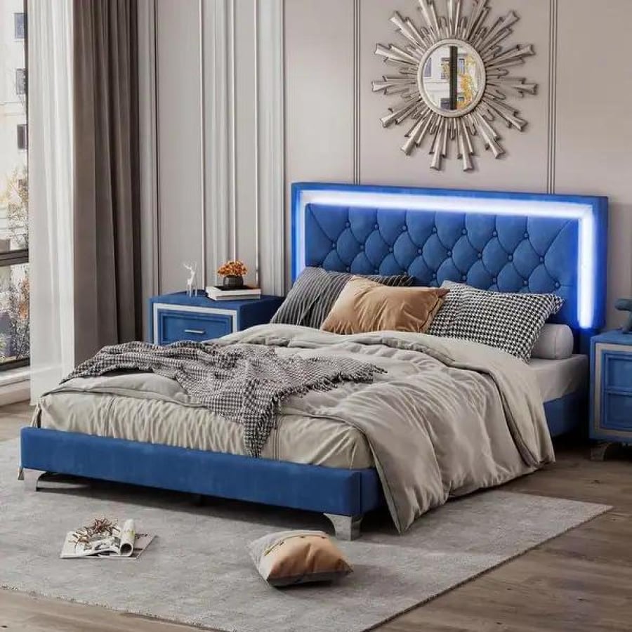 Modern velvet gray bedroom 200×200 cm with lighting