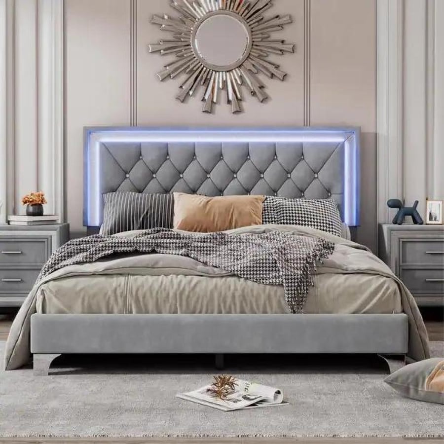 Modern velvet gray bedroom 200×200 cm with lighting