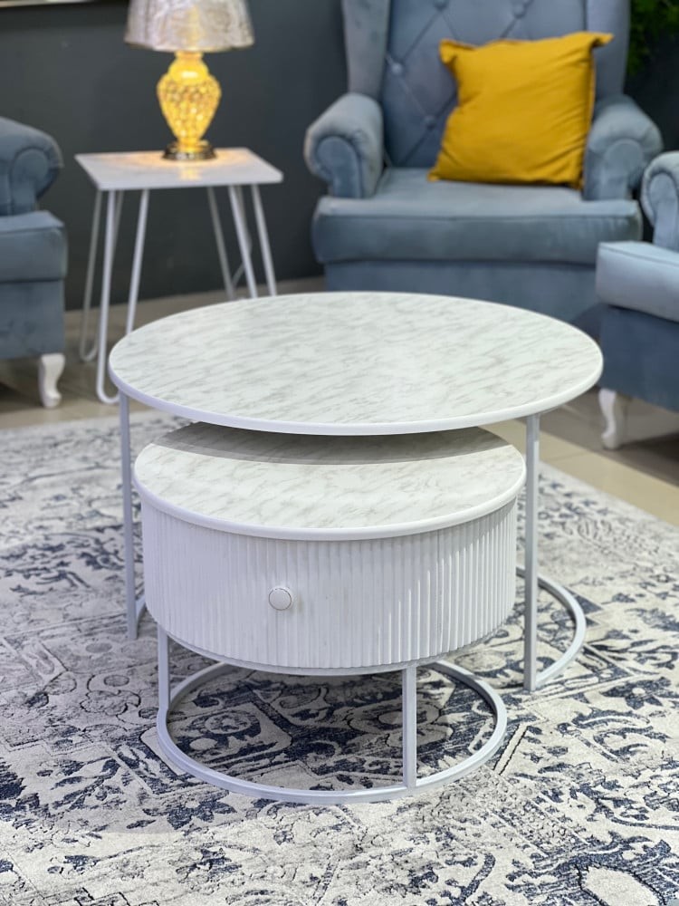 A set of two tables with a white drawer, marble surface - interlocking set of two tables