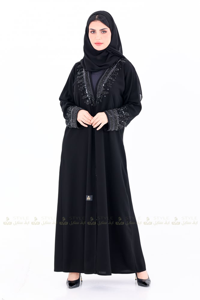 عباية كتف قماش ملكي تطريز اسود فاخر -ايف ستايل