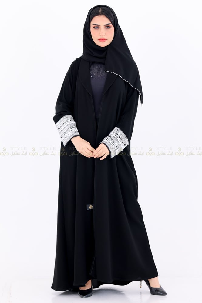 عباية كتف قماش ملكي معا طبقة داخلية وحزام الكم تطريز فاخر -ايف ستايل
