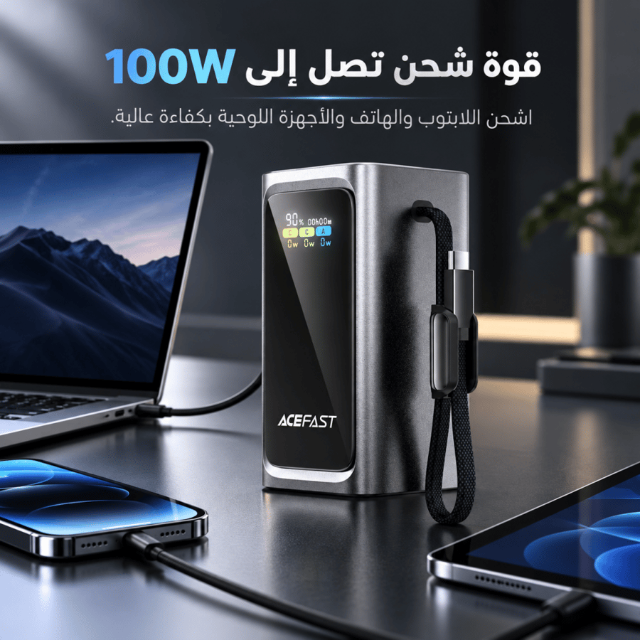 باور بانك ACEFAST M33 سعة 20,000 مللي أمبير بقوة 100 واط مع شاشة TFT وكابل مدمج
