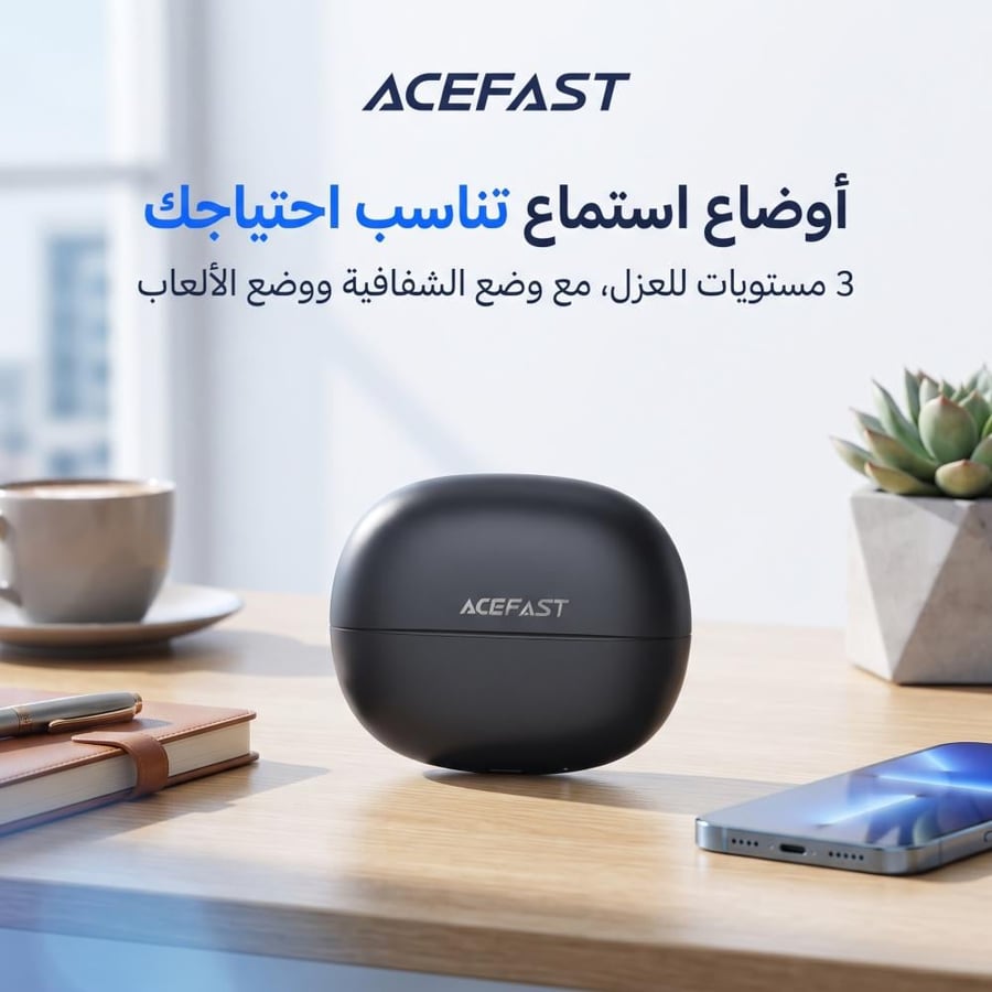 سماعات أذن لاسلكية ذكية إيسفاست W8 (ACEFAST W8) مع ترجمة فورية بالذكاء الاصطناعي وعزل -35dB - أسود