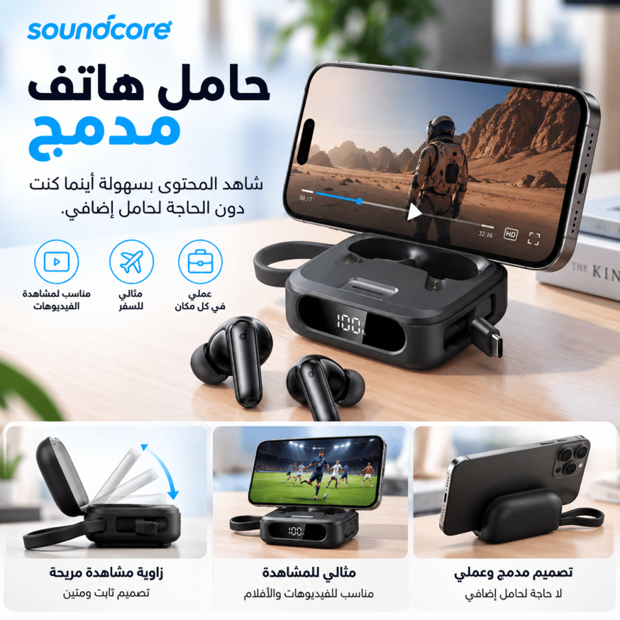 سماعات أذن لاسلكية ساوندكور P41i ) مع علبة شحن تعمل كباور بانك وحامل هاتف مدمج - أسود