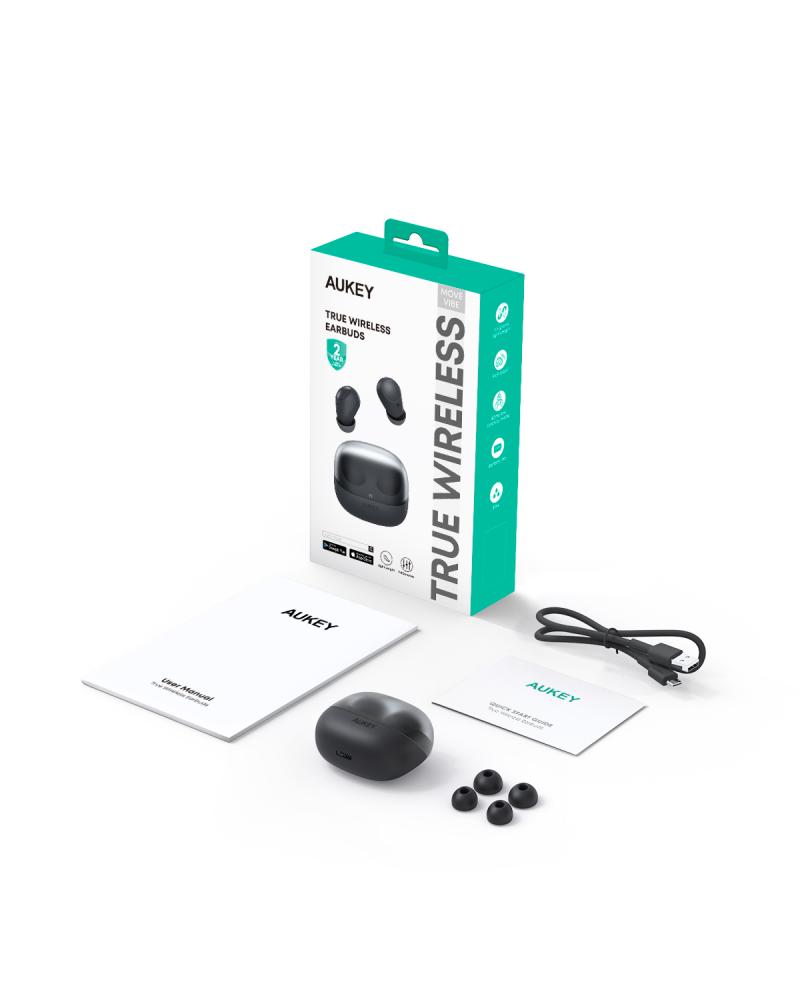 AUKEY - سماعة أذن لاسلكية Move Vibe خفيفة الوزن مقاومة للماء بطارية تدوم لغاية 20 ساعة مع تحكم باللمس - رمادي