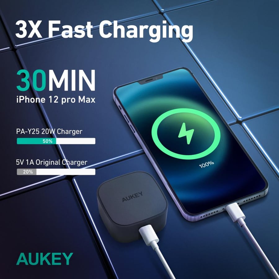 AUKEY - شاحن جداري مينيما بقوة 20 واط بمنفذ تايب سي - أسود