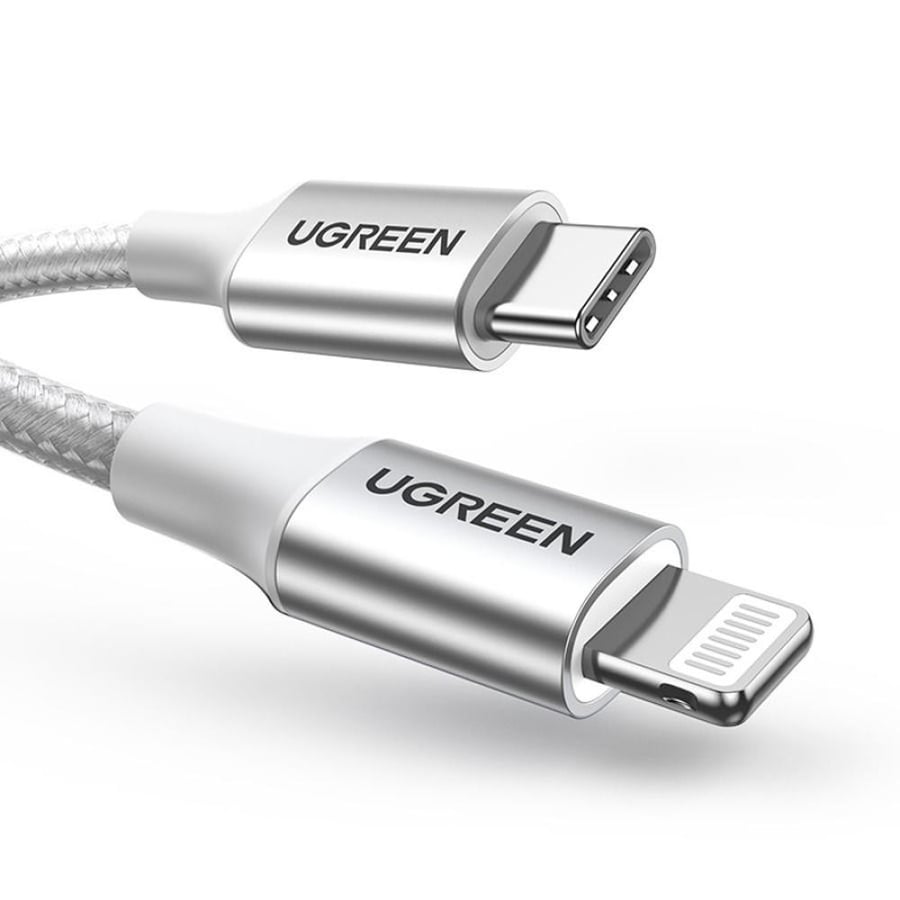 UGREEN - كيبل شحن مظفر من USB-C الى Lightning - أبيض