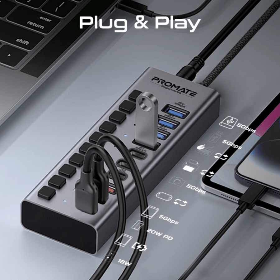 PROMATE - وصلة GegaHub-5G لشحن ونقل البيانات 10in1 مع أزرار تشغيل بقوة 36 واط - رمادي