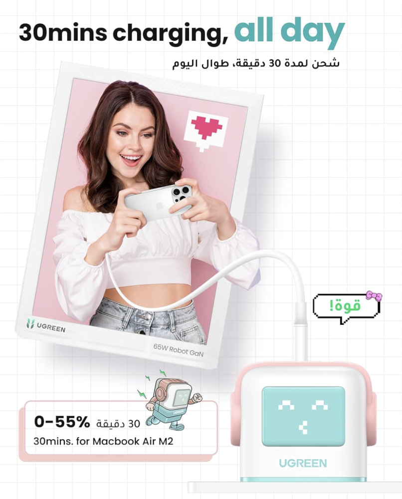 UGREEN - شاحن جداري Nexode RG بـ3منافذ بقوة 65 واط - أزرق