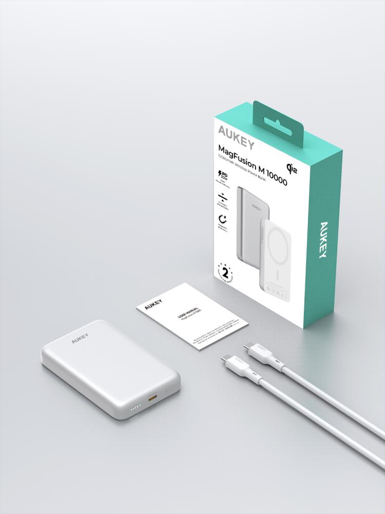 AUKEY - بطارية لاسلكية MagFusion M بسعة 10000mAh تدعم Qi2 بقوة 20 واط و 15 واط لاسلكياً  PB-MS08 - أبيض