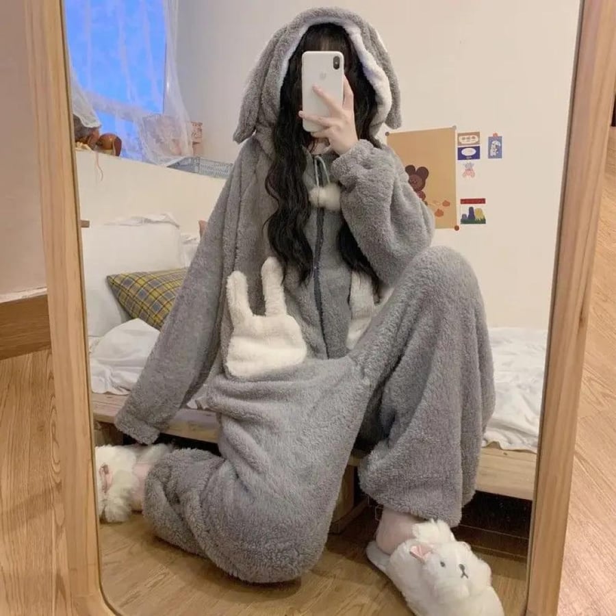 الأرنب مقنعين نيسيس النساء Kigurumi منامة لطيف بيجامة شتاء دافئ ملابس خاصة Kawaii الإناث ملابس نوم منامة بذلة