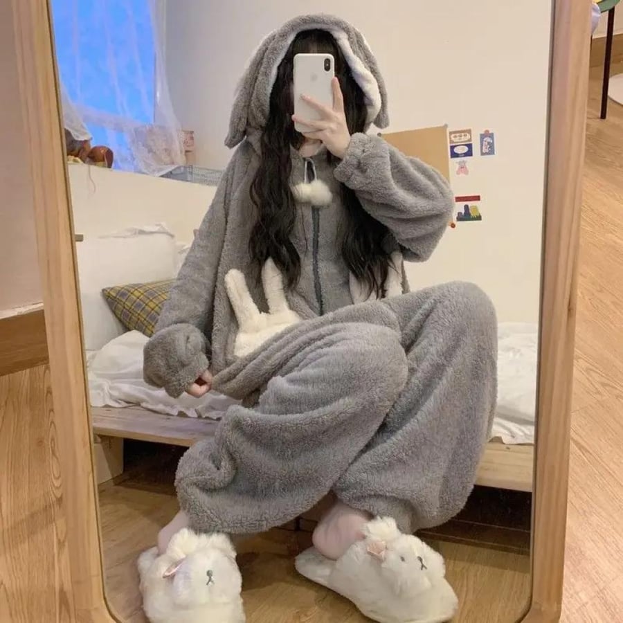 الأرنب مقنعين نيسيس النساء Kigurumi منامة لطيف بيجامة شتاء دافئ ملابس خاصة Kawaii الإناث ملابس نوم منامة بذلة