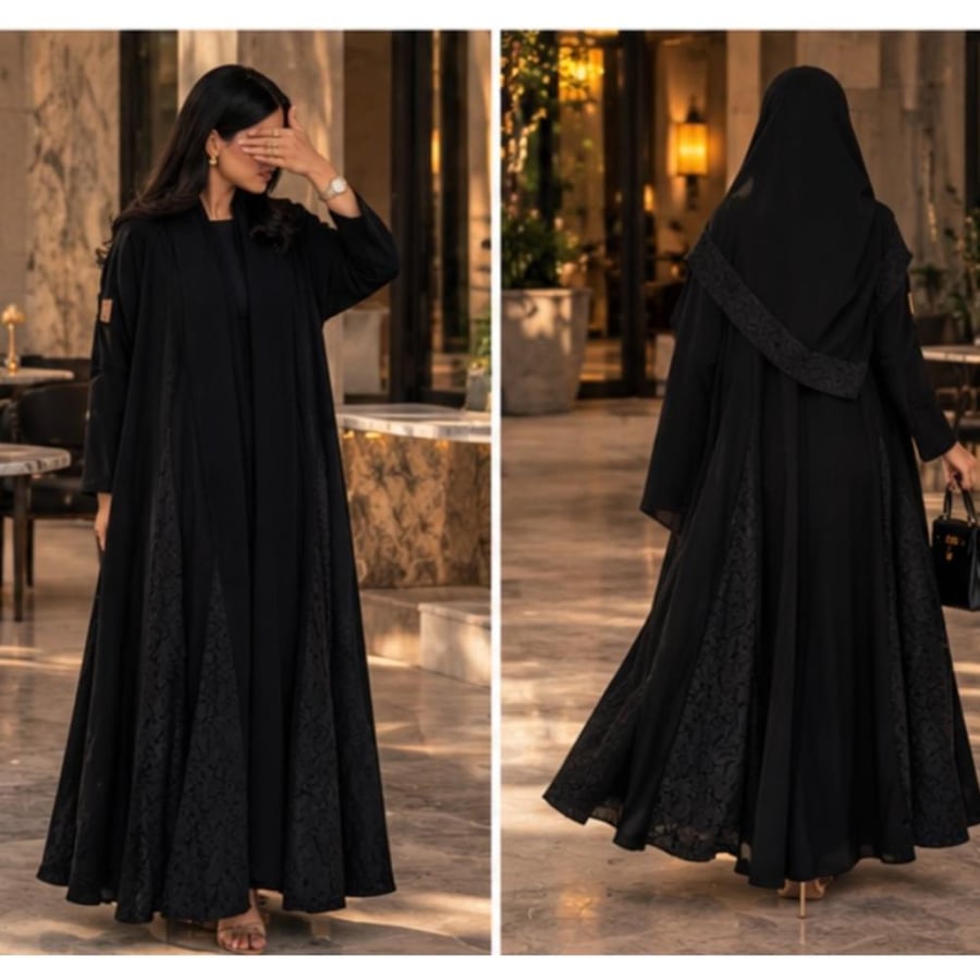 عباية سترا سوداء ليالي – عباية طويلة بتصميم واسع ومزخرف، مقاس واحد