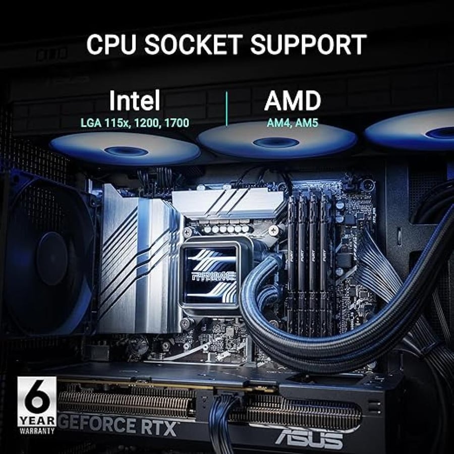 ASUS Prime LC 360 ARGB All-in-one AIO CPU Liquid Cooler AMD: AM5 & AM4 Intel: LGA 1851, 1700, 1200, 115x Specially Designed CPU Contact Area, finned Channels, Infinity Mirror, pre-Installed ARGB Fans