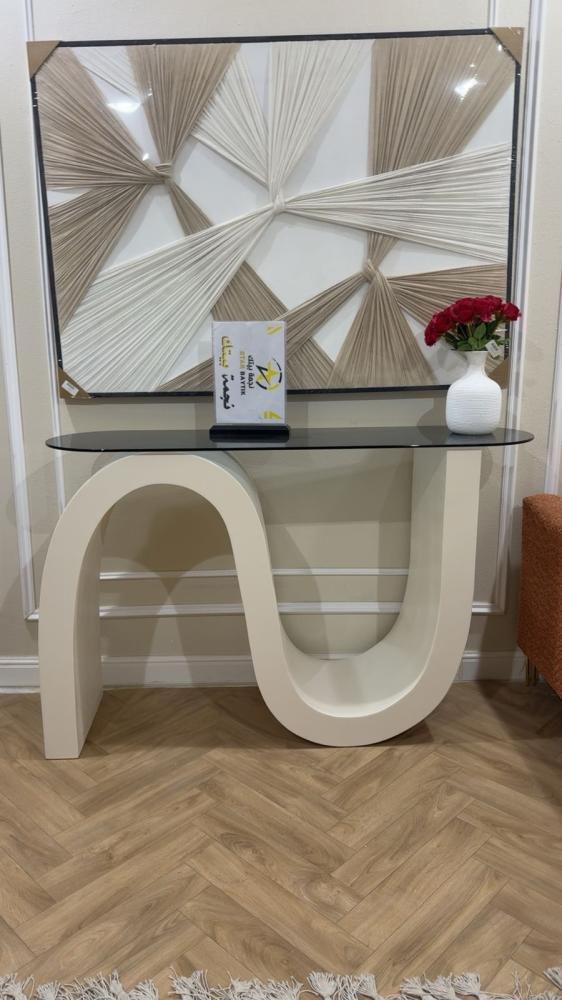 Wooden entrance reception table with black glass surface