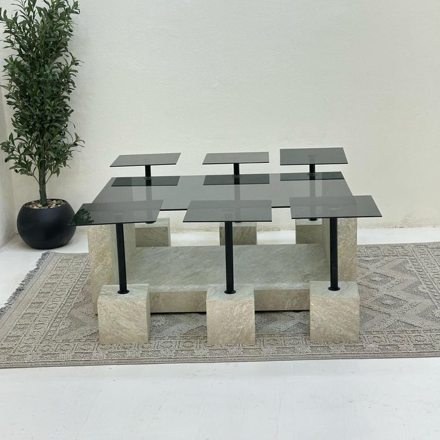 Y U table set, 7 pieces, black glass surface, base made of alternative stone