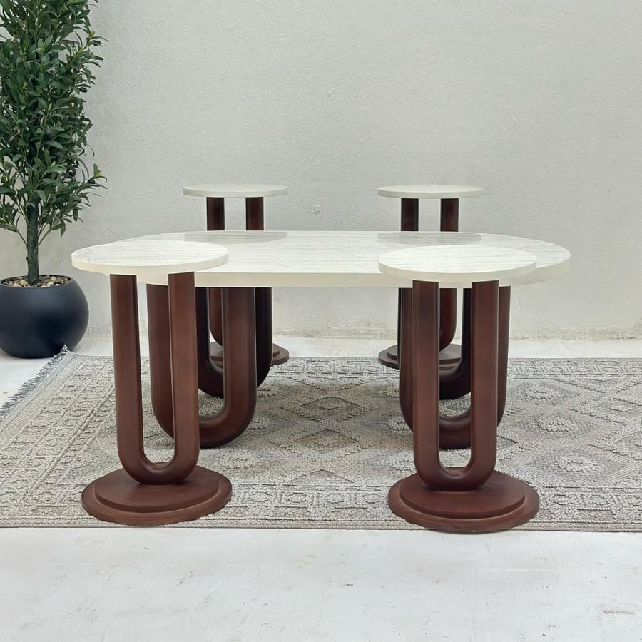 Set of 5 tables with marble-like surface, smooth texture, wooden base, brown color