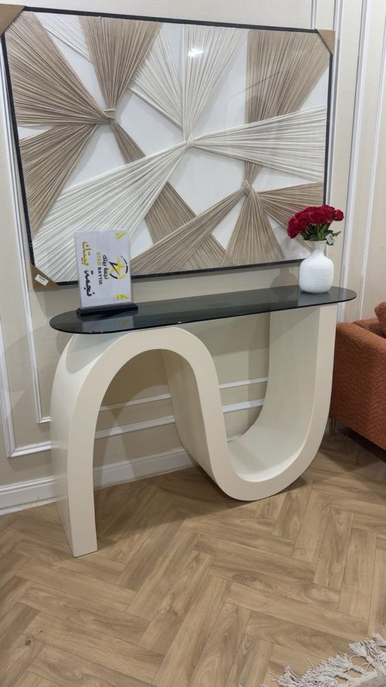 Wooden entrance reception table with black glass surface