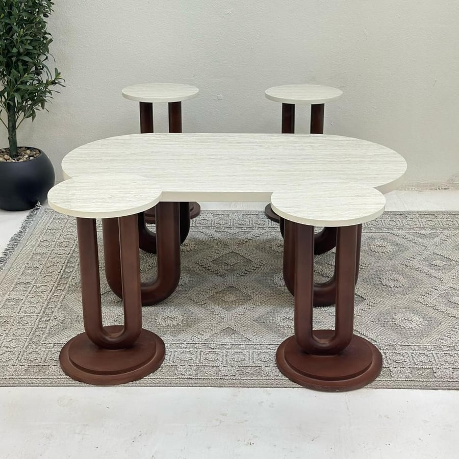 Set of 5 tables with marble-like surface, smooth texture, wooden base, brown color