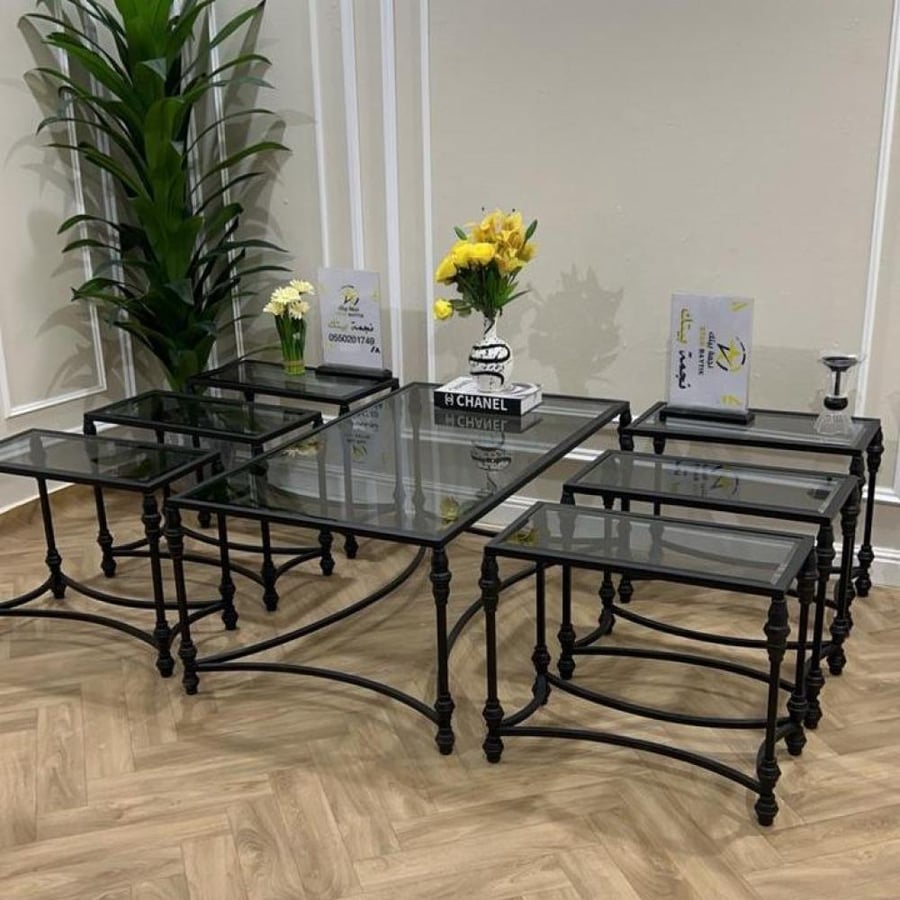 Serving table set with service - elegant black-framed glass design 7 pieces