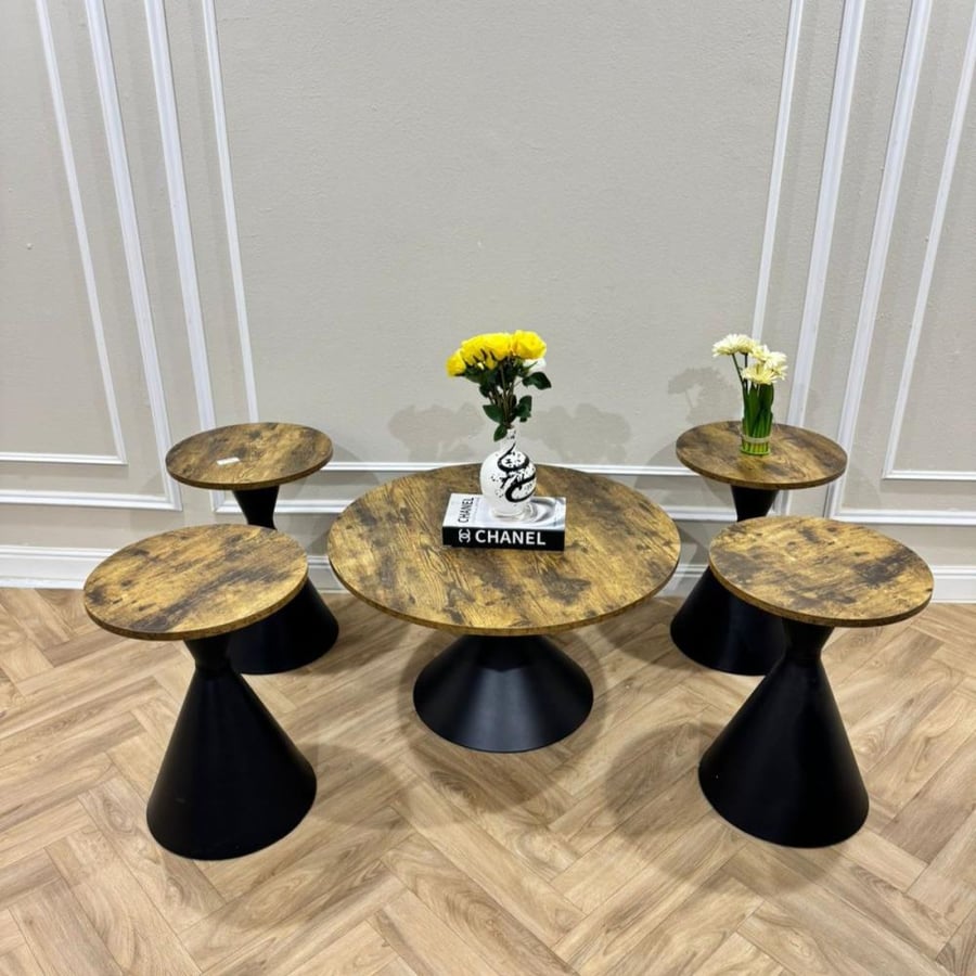 Round 5-piece wooden color beige table with black base