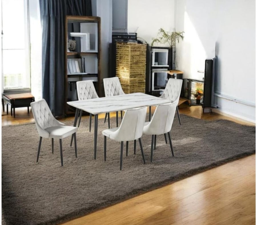 Dining table with marble alternative, 6 chairs