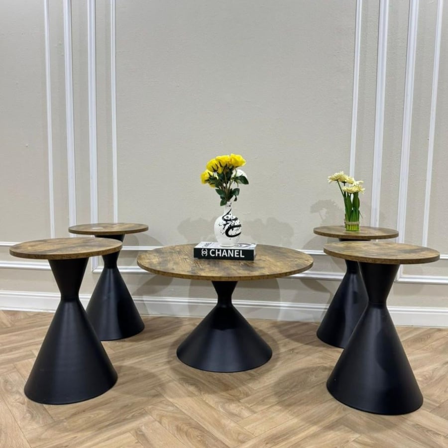 Round 5-piece wooden color beige table with black base