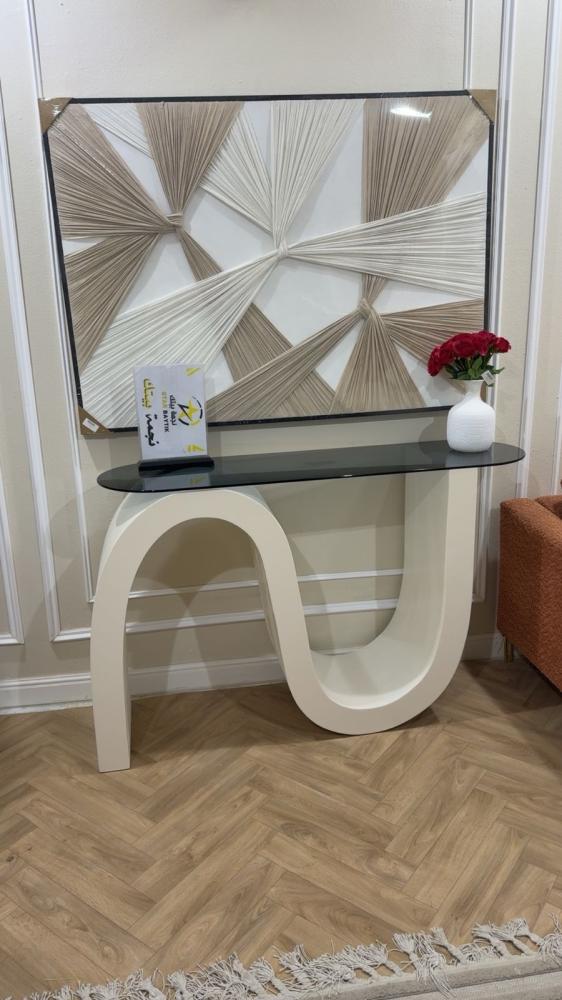 Wooden entrance reception table with black glass surface