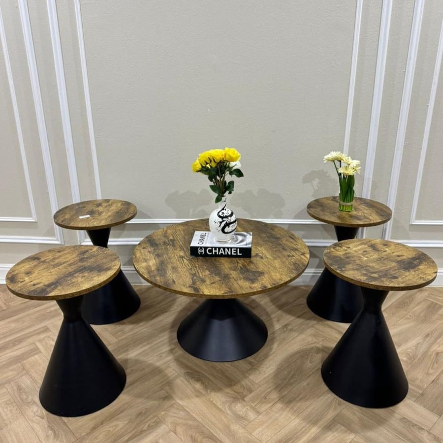 Round 5-piece wooden color beige table with black base
